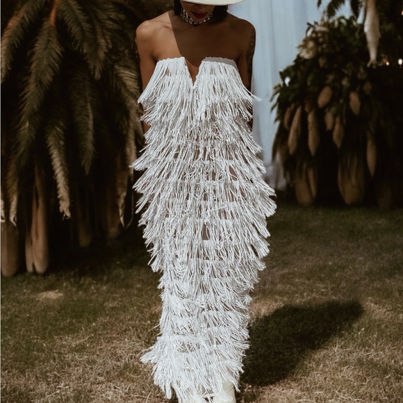 Western Sequin Fringe Maxi Dress, Country Bride Elopement Dress, Boho Wedding - Picture 8 of 10